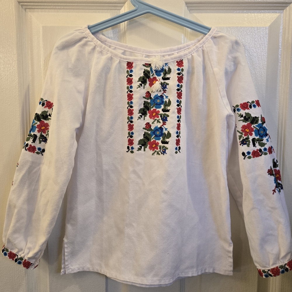 Girls White Embroidered Peasant Top with Floral Detail
